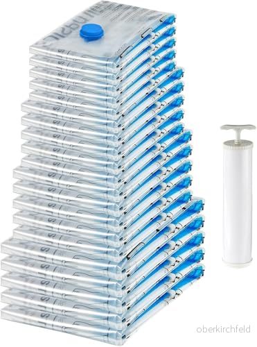 Amazon Basics förvaringspåsar med vakuumkompression, dragkedja och handpump, 20 stycken, 4 5 pack (Small, Medium, Large Jumbo), flera, transparenta 840095888523