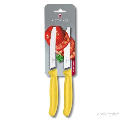 Victorinox Swiss Classic set om 2 grönsaksknivar med tandad egg, 11 cm blad, rostfri, tillverkad i Schweiz, gul 7611160032515