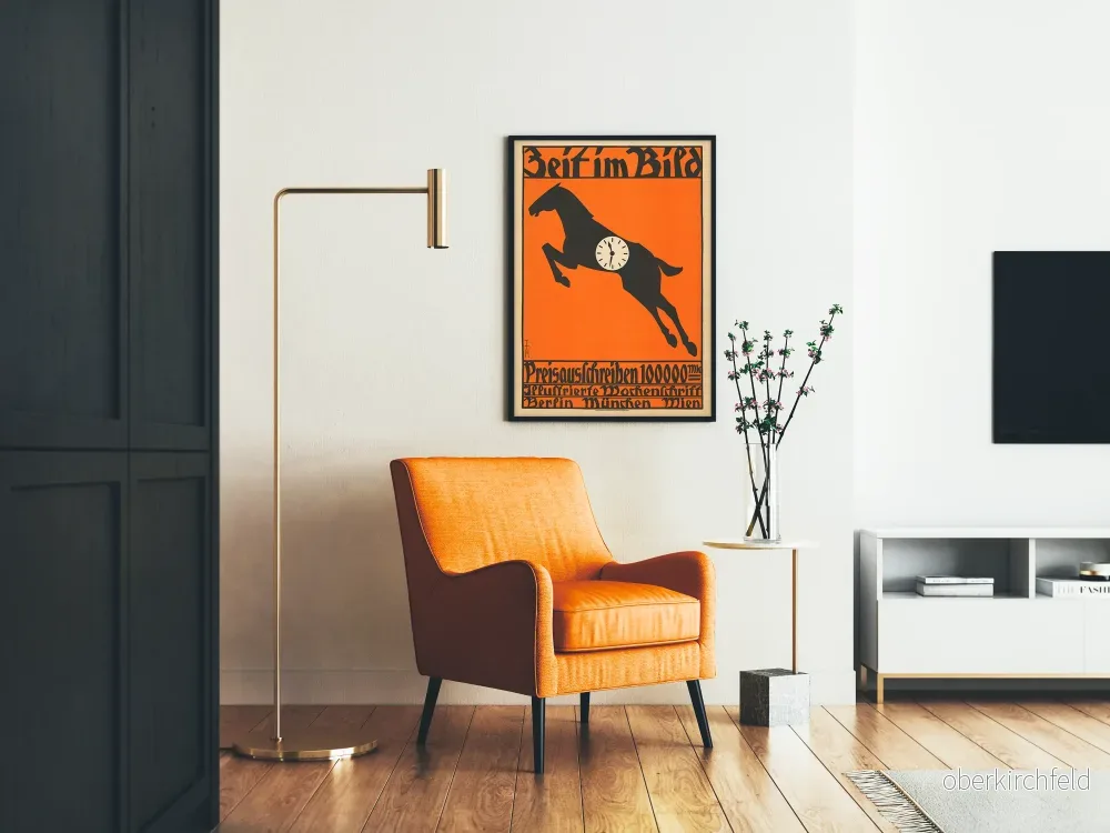 Vintage dekorativ poster häst med klocka på orange bakgrund - Bild 2