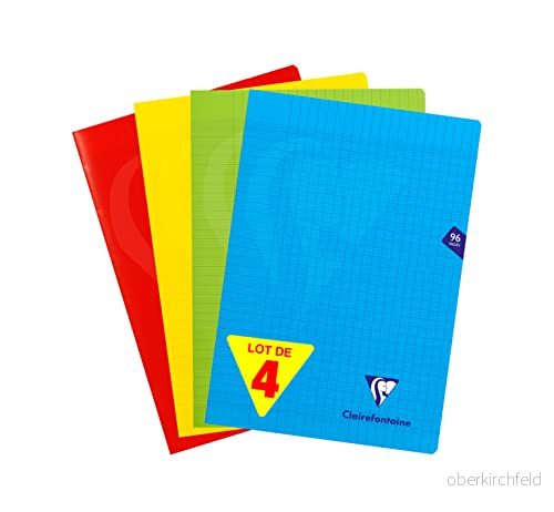 Clairefontaine 294161AMZ Uppsättning av 4 Mimesys häftade anteckningsböcker A4, 21 x 29,7 cm 96 sidor stora fyrkanter vitt papper 90 g polypro fodral (blå, röd, gul och grön) 3329682941614