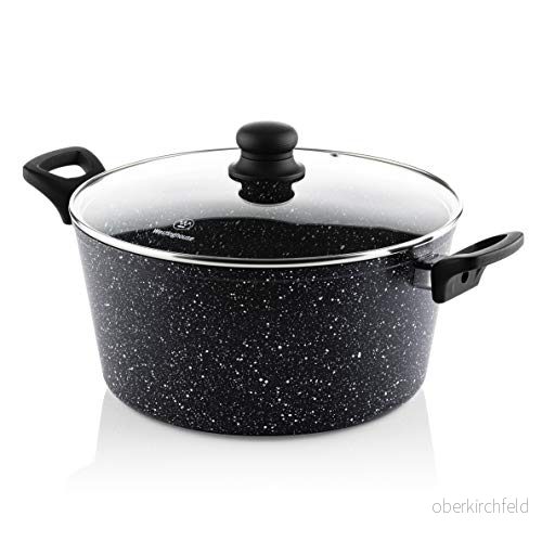 Westinghouse Gryta 28 cm med glaslock, 3-lagers marmor-non-stick-beläggning, tillverkad av smidd aluminium, lämplig för induktion, handtag silikonbeläggning, svart (WCCC0009028MBB) 4895091379656