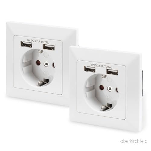 DIGITUS DA 70613 Infällt vägguttag med USB A laddare 2 delar uttag 5V / 2,1 totalt 250 V 50 Hz Installationsdjup 32 mm Villkorligt designkompatibel Ren vit RAL 9003 4016032495291