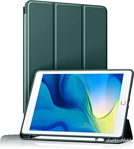 BXGH iPad fodral för 9:e/8:e/7:e generationen 10,2 tums med pennahållare, 2021/2020/2019 mjuk silikonbaksida, skydd automatisk väckning/sömn Mörkgrön 9011704885092