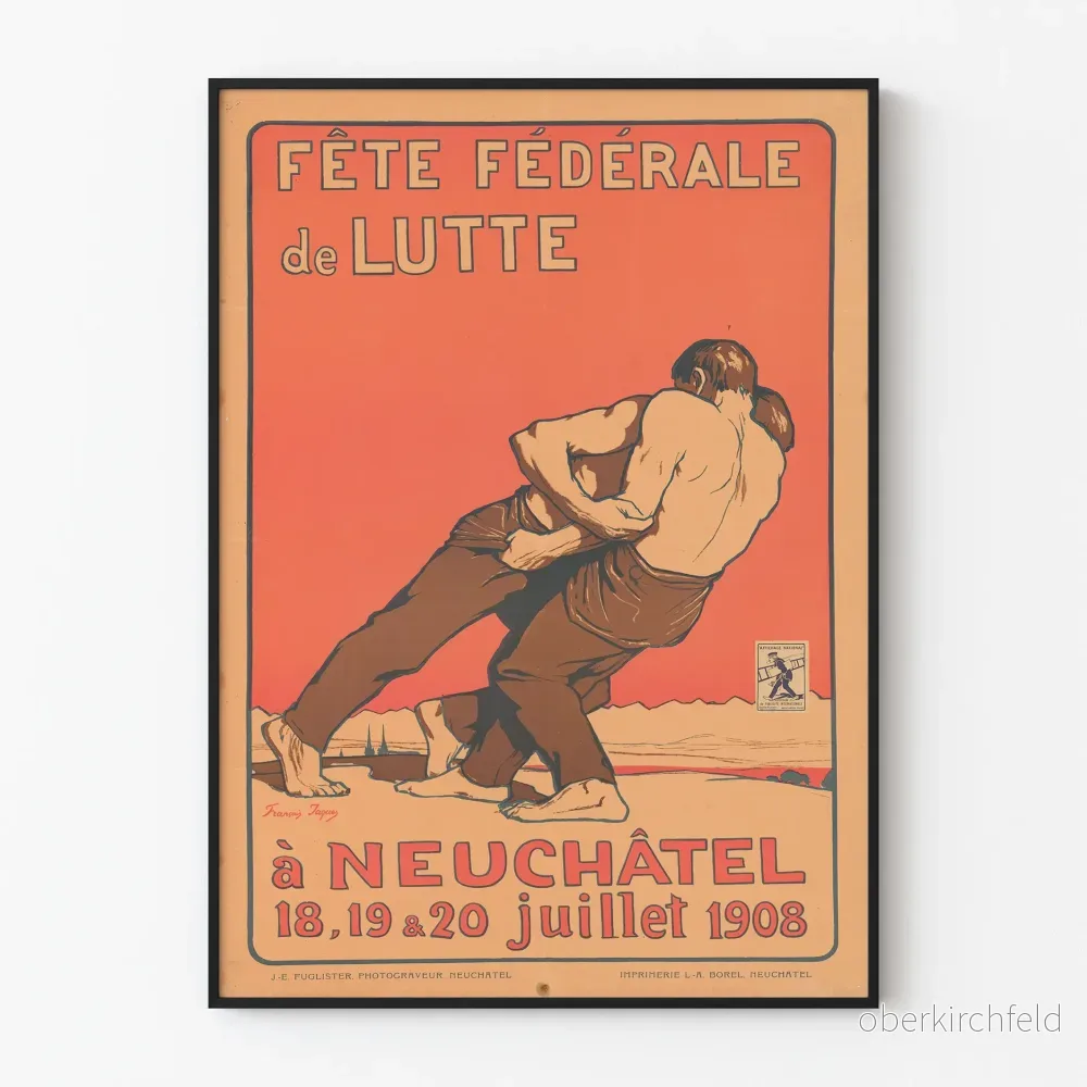 Vintageposter för Federala Brottningsfesten i Neuchâtel 1908