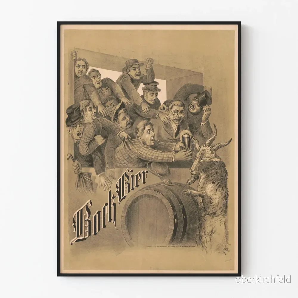 Vintageposter Bock Bier dekorativ med livlig scen och get
