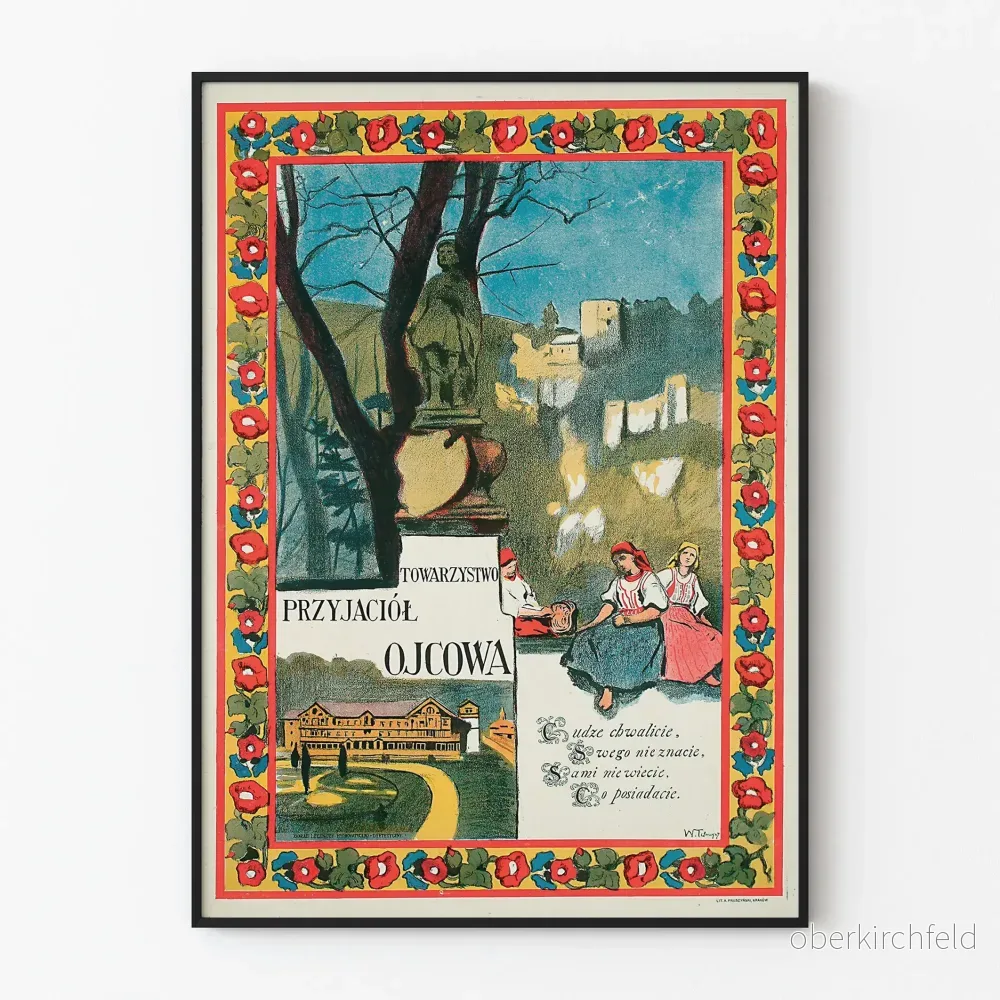 Vintage folkloristisk dekorativ poster med figurer och historisk landskap