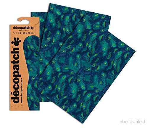 Décopatch Mörkblå påfågeltryck, 30 x 40 cm (förpackning med 3 ark) 3609510257224