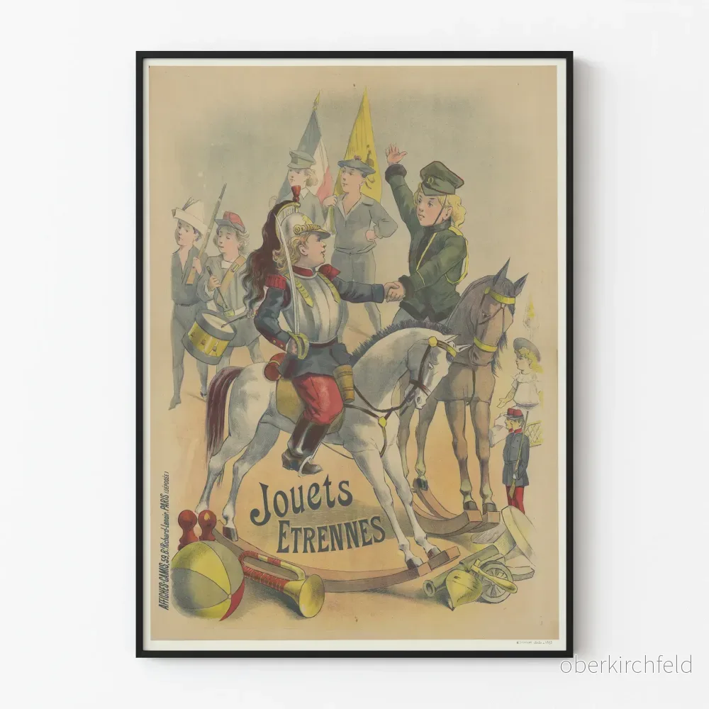 Vintageposter med leksaker och nyårsgåvor med barn i kostymer och gamla leksaker