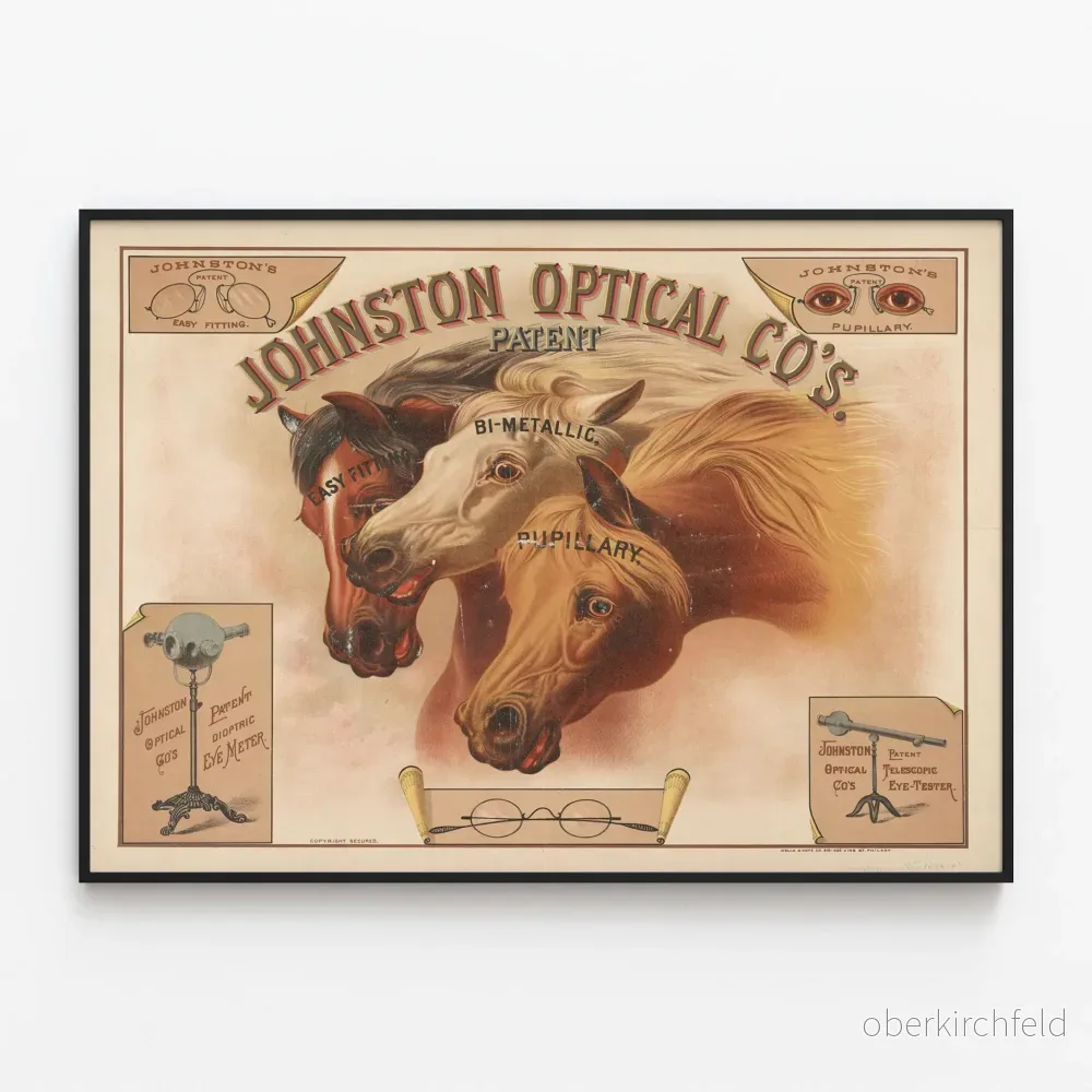 Vintageposter från Johnston Optical Co - Retro väggdekoration med hästar och optiska instrument