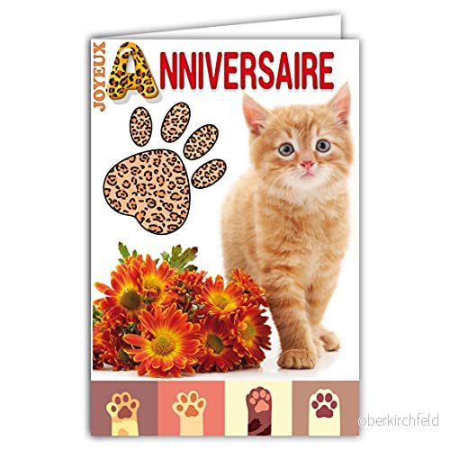 Afie 67 1234 grattis på födelsedagen kattunge katttassar orange fauve tickade blommor med vitt kuvert format 12 x 17,5 cm 3700676647321