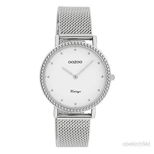 Oozoo Vintage damklocka med rostfritt stål Milanesiskt band 34 mm armband mittel Vit/silver 8719929016451