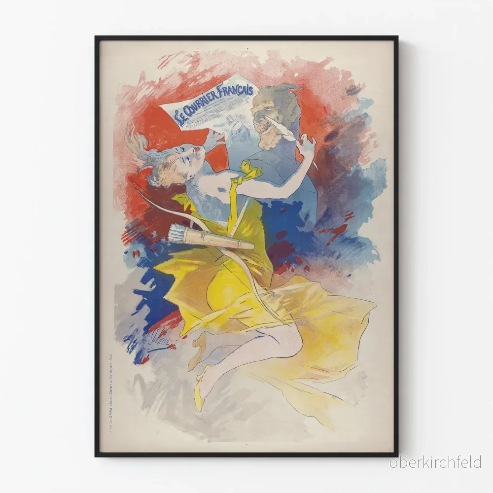 Vintageposter Le Courrier Français med kvinna i gul klänning och buste med horn
