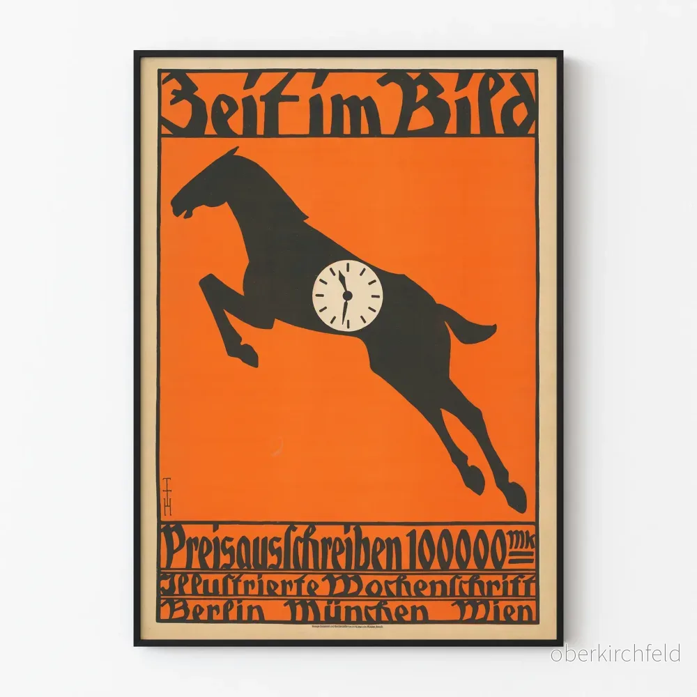 Vintage dekorativ poster häst med klocka på orange bakgrund
