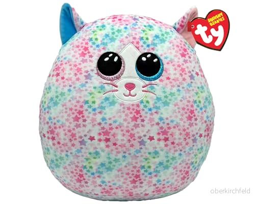 Ty Squishy Beanies Emma den flerfärgade stjärnkatten, mjuk plyschkudde med glitter ögon, presentidé för unga och gamla, alla att samla 22 cm T39264 8421392643