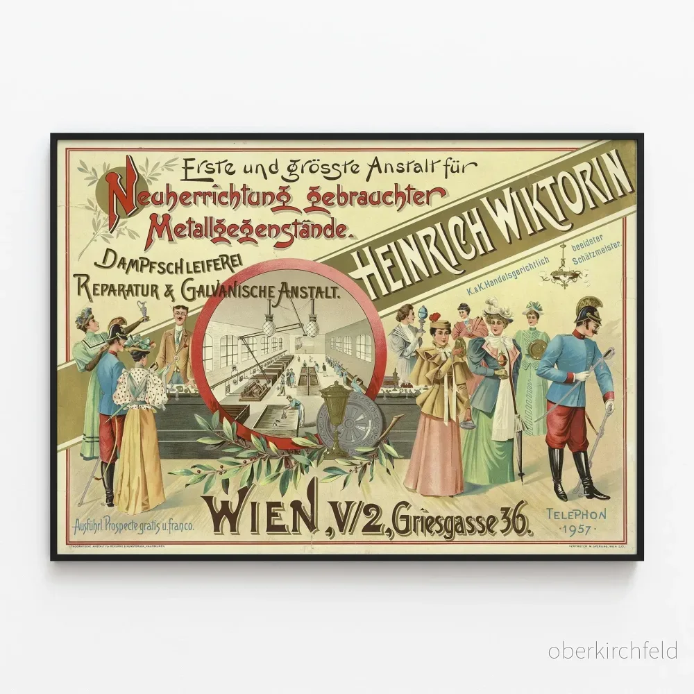Vintageaffisch för verkstadsmetallurgi och galvanoplastik Heinrich Wiktorin