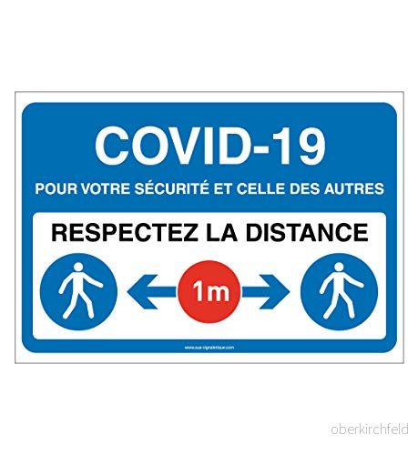 Aua Signaletique Panneau de Signalisation Covid 19 Respectez la Distance 1 m avec Pictogramme Iso 7010 Bleu 300X210 Mm, Vinyl Adhésif 3666180028110