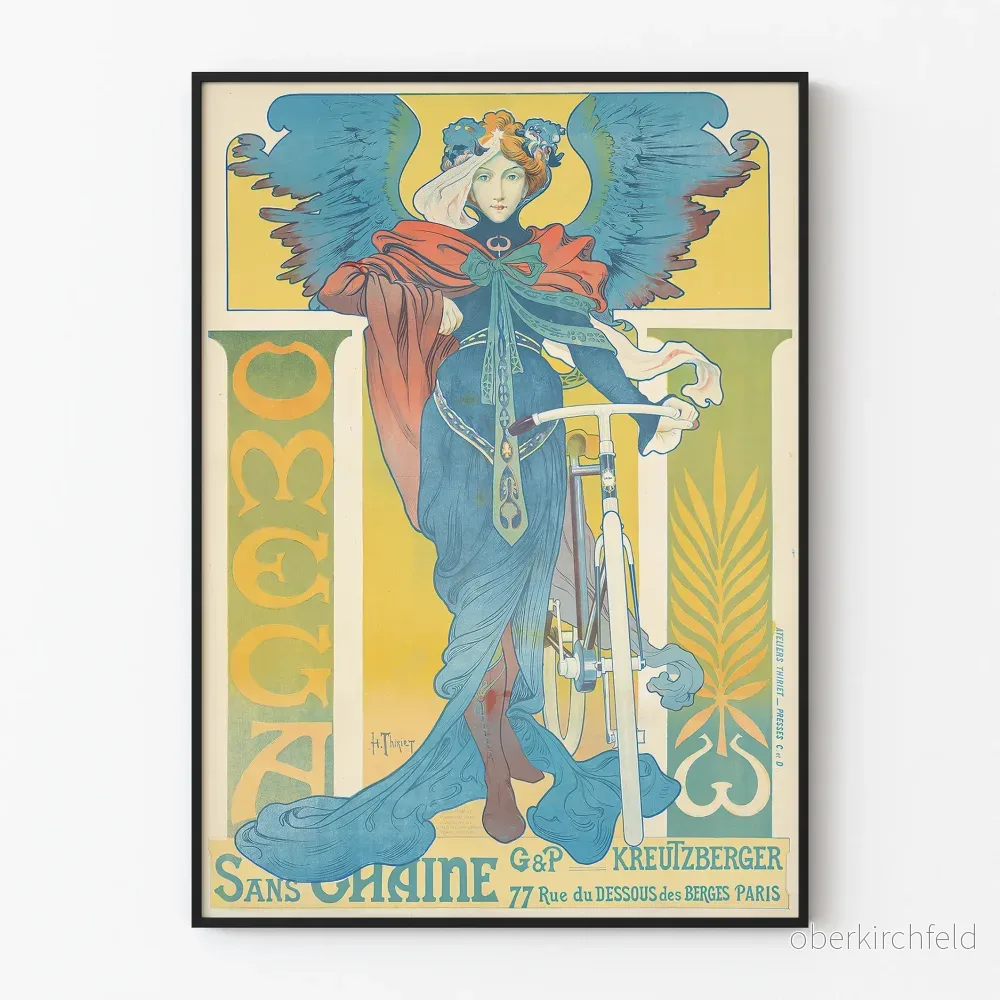 Vintageposter Omega utan kedja med änglaliknande dam och cykel