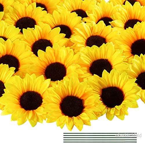 Coferset 40 st falska solroshuvuden med stjälkar, 10 cm konstgjorda solrosshuvuden, silke för fest baby shower bröllopsdekoration gör det själv hantverk Thanksgiving dekor (gul) 747453759955