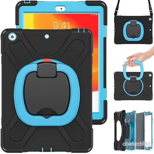 Commute Case för iPad6/Air2, tungt stabilt stötsäkert barnfodral med skärmskydd 3 i 1 stötsäker stötfångare 360 ringhållare, stativ, bärrem (svart + blå) 755985019836