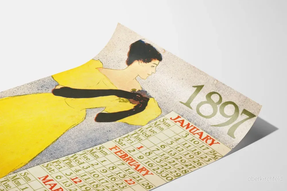 Vintage kalenderposter 1897 - Januari till mars, retroillustration av kvinna i gul klänning - Bild 3