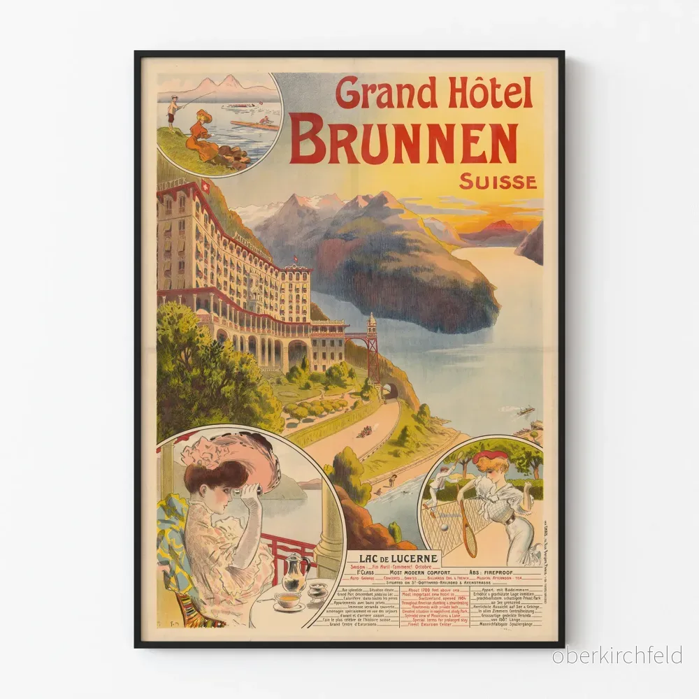 Vintageaffisch för Grand Hôtel Brunnen, Schweiz, Lucerne-sjön