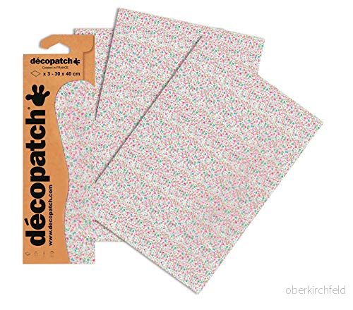 Décopatch Ref C717O Mini blommönster papperspaket varje ark 30 x 40 cm, paket med 3 pappersark används bäst decopach lim och lack, rosa vit 3609510257170