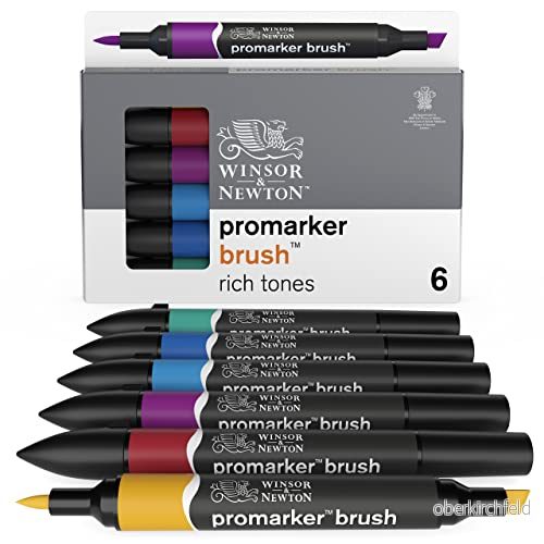 Winsor & Newton 0290126 ProMarker borste för ritningar, kalligrafi, design och layouter, randfri ritning med kil- penselspets) 6 färger set rika toner 884955070512