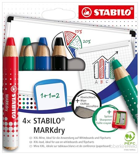 Whiteboard och blädderblock Stabilo MarKdry 4 pack med pennvässare torkduk fyra olika färger 4006381582520