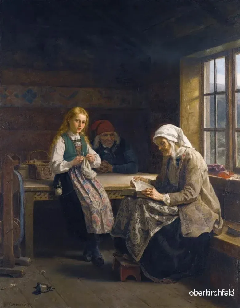 Målning En ung flicka som stickar i ett inomhus Hardanger - Adolph Tidemand | Konsttryck - Bild 2