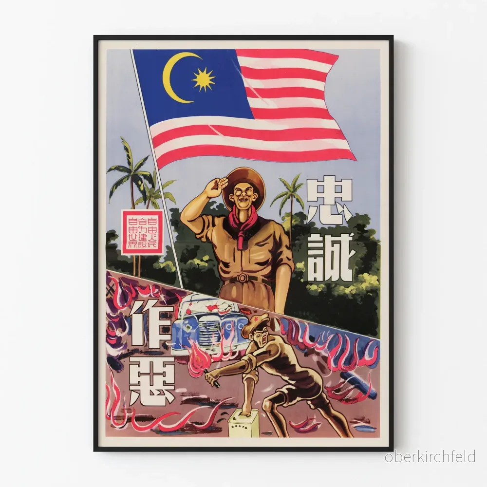 Malaysisk propagandaposter med hälsande figur och konfliktscen