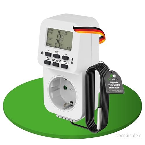 conecto Digitalt termostatuttag, med extern sensor och timer, terrarium, växthus, rökare, uppvärmning, temperaturregulator, frost, 3 600 watt, vit 4250684928848