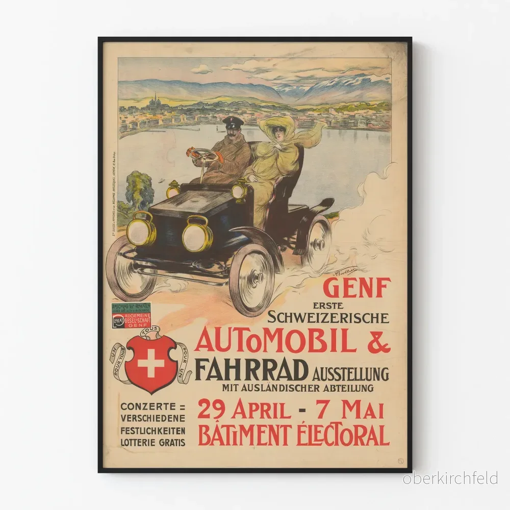 Vintage affisch för bil- och cyklexposition i Genève 1905