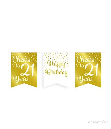 PD Party födelsedagsgirlang vimpelkedja födelsedagsdekoration grattis på födelsedagen banner 21 födelsedag kvinna & man guld vitt banderoll 7,5 x 8,5 cm girlanglängd 6 meter 8716764180934