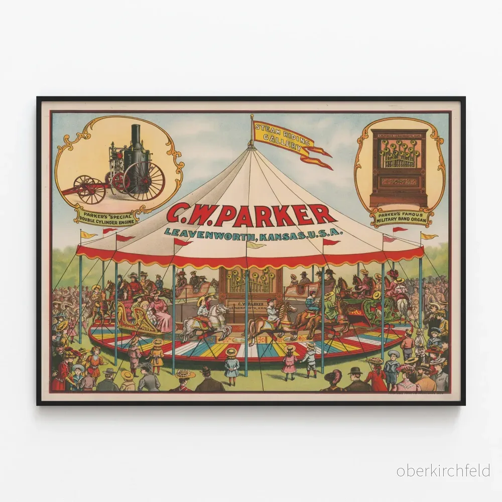 Retroaffisch av ångkarusell och militärorgel C.W. Parker