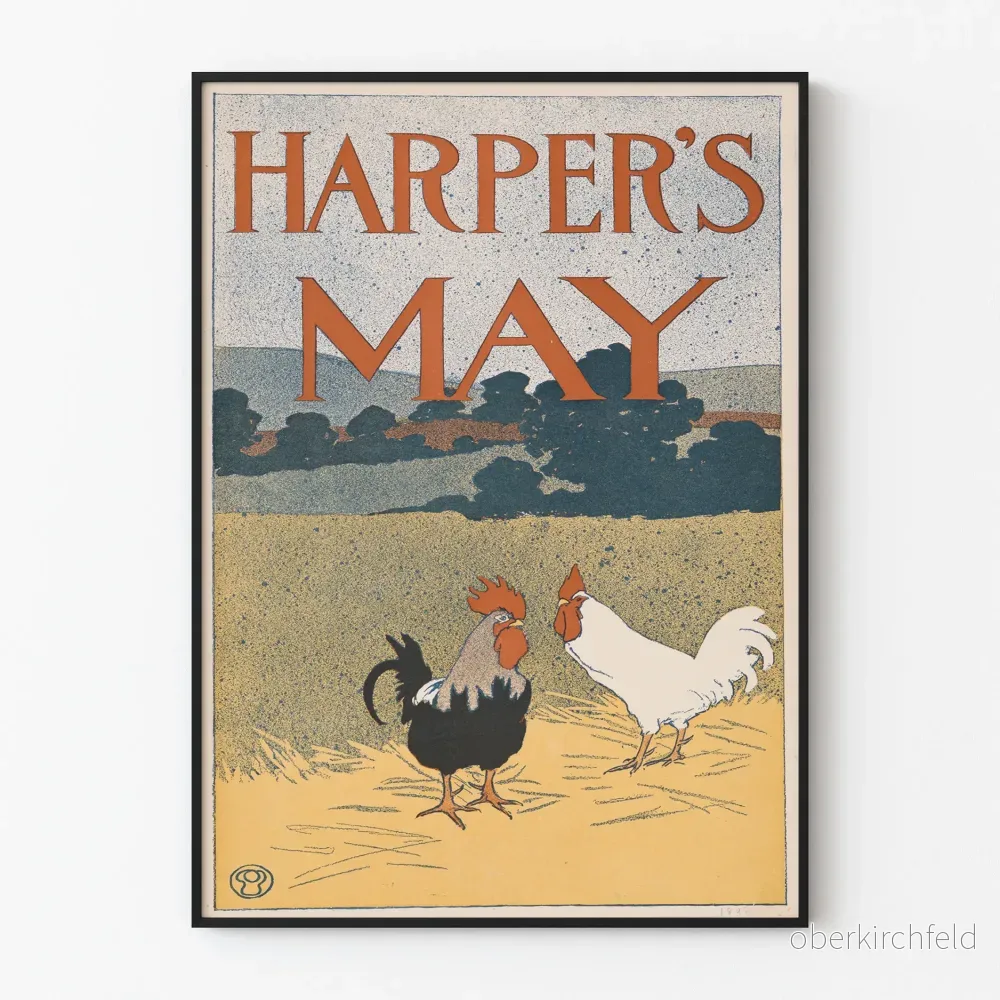 Vintageposter Harper's May med tuppar på lantlig bakgrund