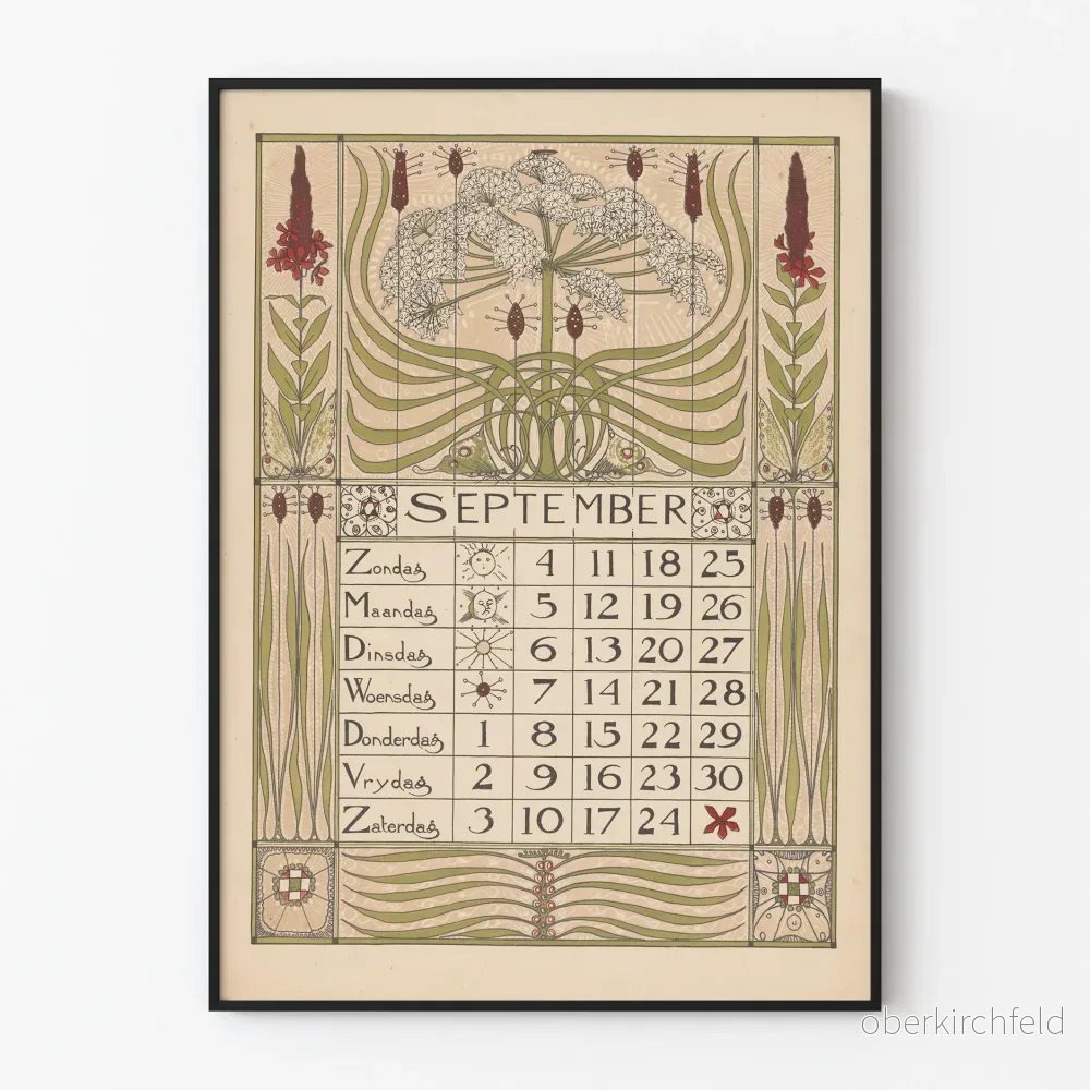 Vintage kalenderposter september 1898 väggdekoration botanisk