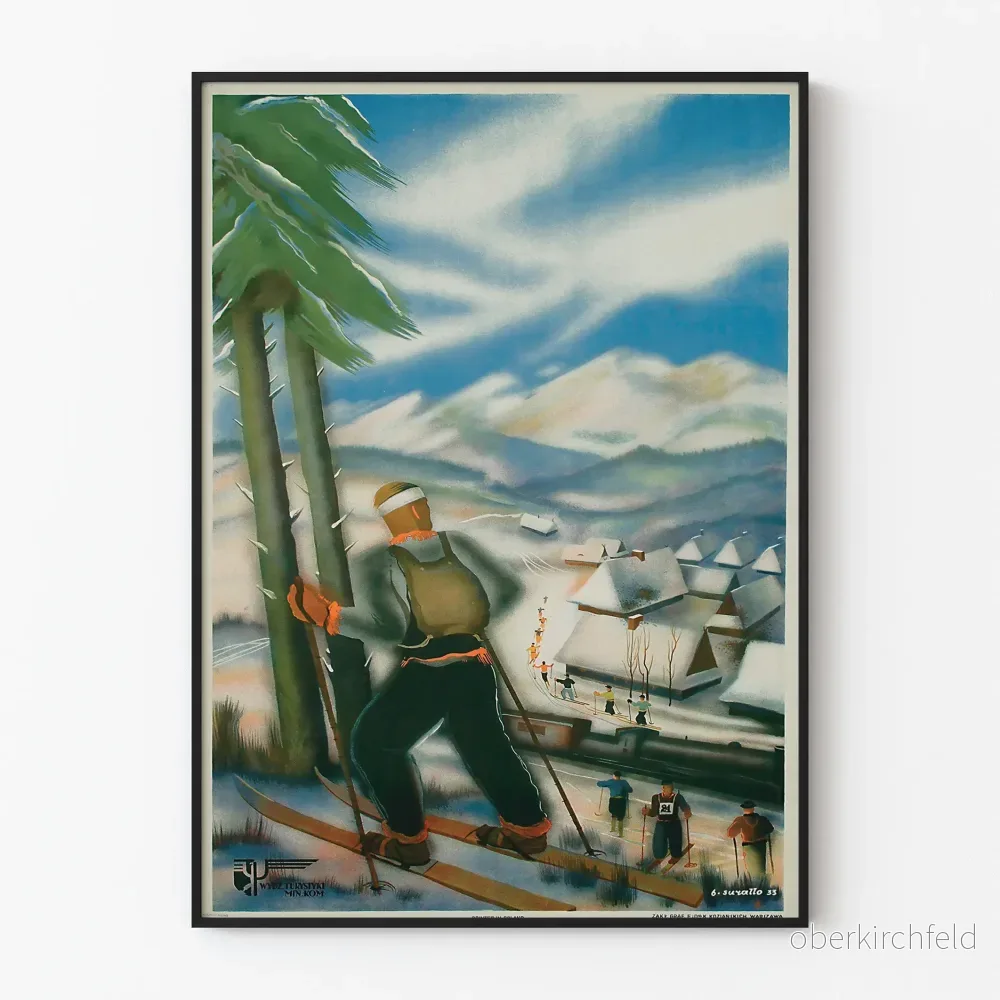 Vintage skidposter i snötäckta berg