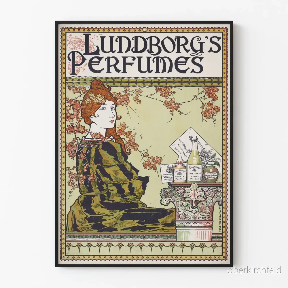 Vintageaffisch för Lundborg’s Perfumes med blomster- och stiliserad kvinnodekor