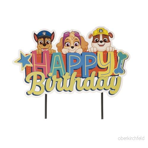 dekora Paw Patrol tårtdekoration grattis på födelsedagen i papper 17,5 x 15 cm, gul 8435599757028