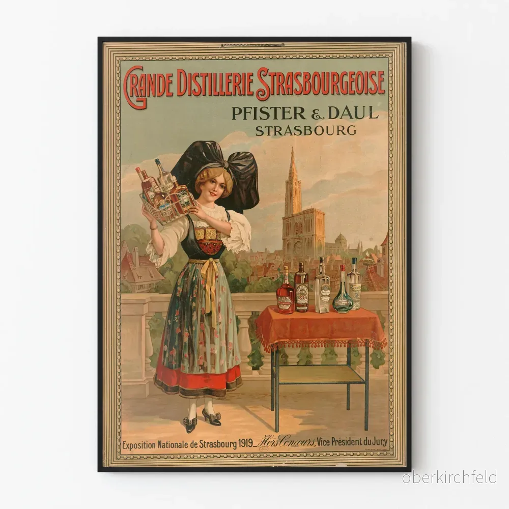 Vintageposter för den stora Strasbourgsdestilleriet Pfister & Daul Strasbourg