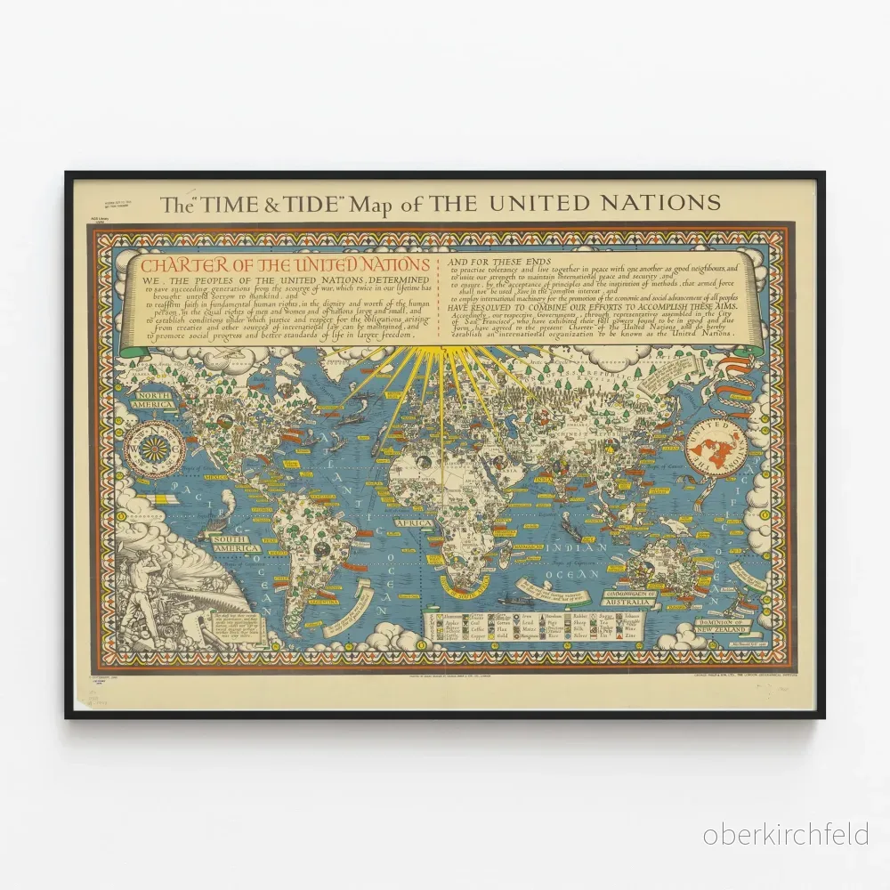 Vintageposter av Förenta nationerna Carte Time & Tide 1948