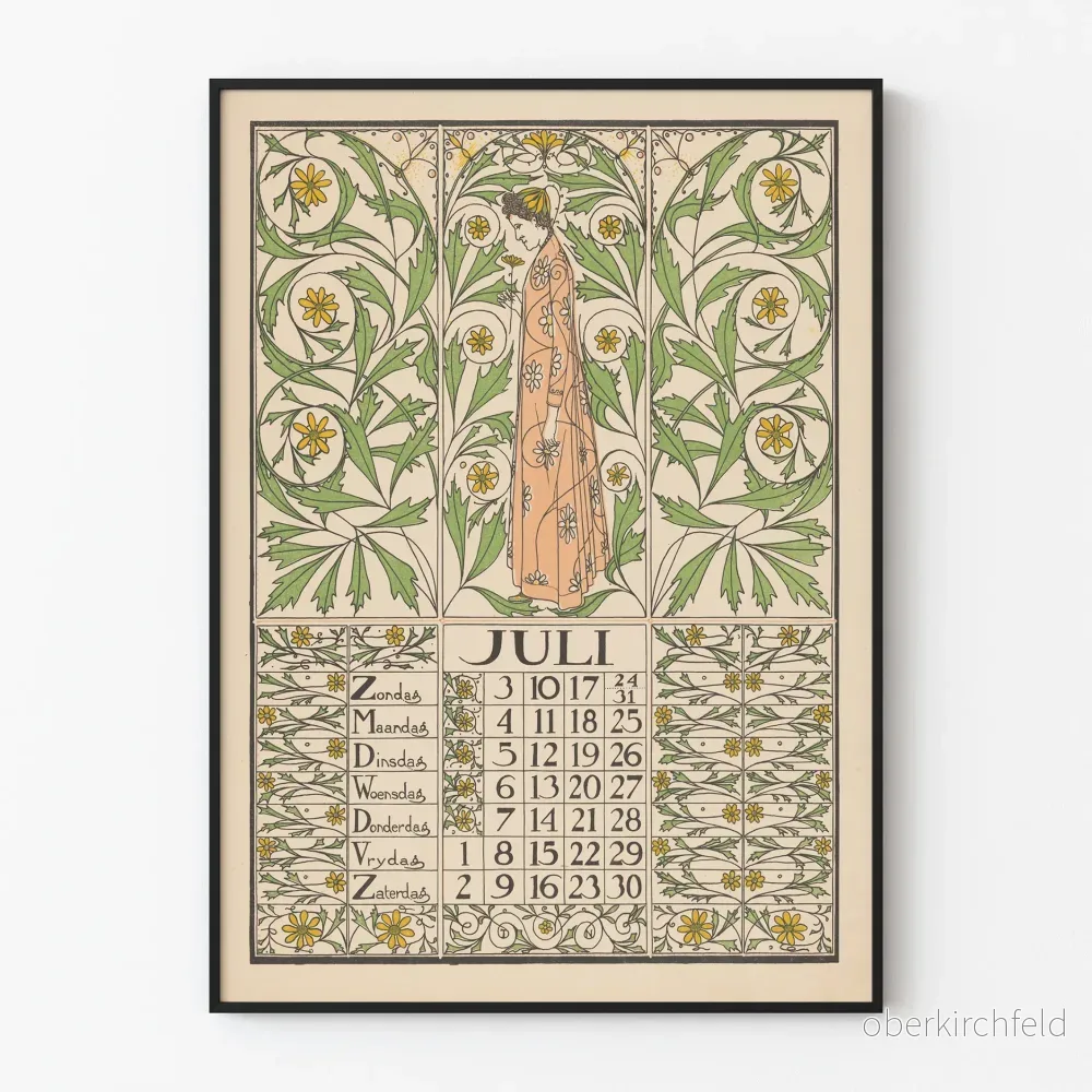 Poster Kalender Art Nouveau Juli 1898 Väggdekoration med blommor