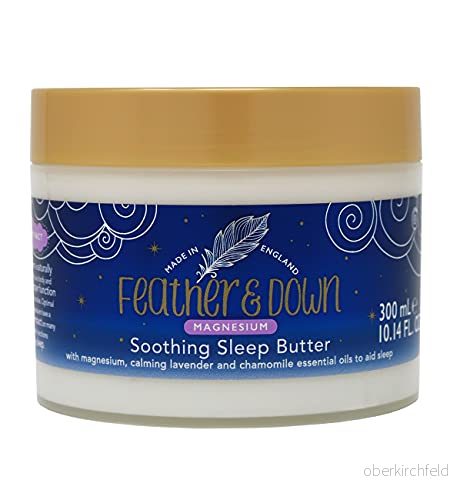 Fjäder & ner magnesium lugnande sömnsmör (300 ml) med magnesium, lavendel och kamomill eteriska oljor för att underlätta sömnen. Veganvänlig grymhetsfri. 5015833323191