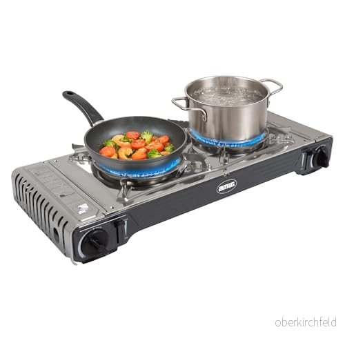 Amig - Bärbar campinggasspis med 2 brännare CAMP02 Dubbelkök Inkluderar stekhäll Gjutjärnsgrill Rostfritt stål 2,2 kW effekt x Kompatibel B-250-patroner 8413023250413