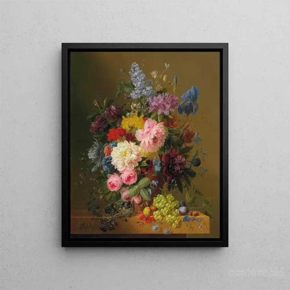 Målning Pioner Tulpaner Rosor Iris och andra blommor med frukter och ett fågelbo på en marmorbordskant - Arnoldus Bloemers | Konsttryck