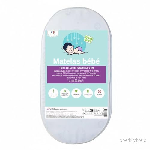 Easy Dort Bäddmadrass 32 x 72 cm vagga, liggdel eller babysäng bambuöverdrag sommar och vinter dubbelsidigt mycket bekväm fransk tillverkning Oeko Tex® Vit 3700785602228
