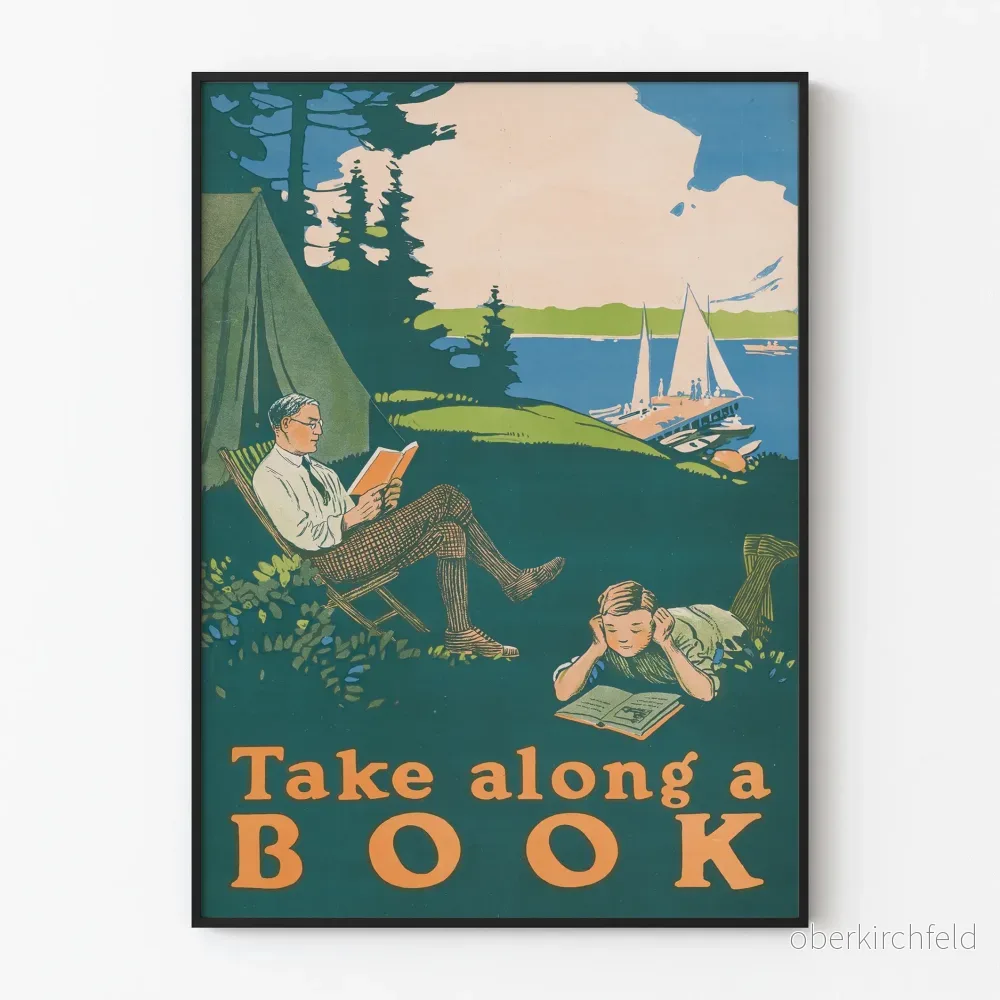 Vintageposter Take Along a Book för väggdekoration