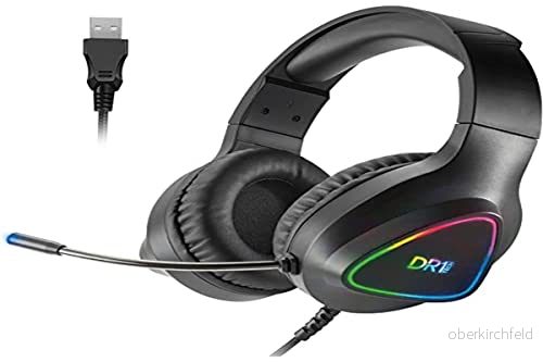 DR1TECH GrayEagle+ Professional Gaming LED RGB hörlurar för PC med USB kabel och mikrofon 7.1 Surround Sound New GEN 50 mm Over Ear hörlursdrivrutin (full immsel) 8059015749611