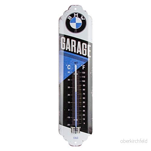 Nostalgic Art Analog termometer i retrostil, BMW Garage Presentidé för biltillbehörsälskare, av metall, Deko vintagedesign, 6,5 x 28 cm 4036113803128