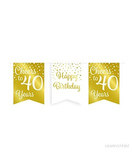 PD Party födelsedagsgirlang vimpelkedja födelsedagsdekoration grattis på födelsedagen banner 40 födelsedag kvinna & man guld vitt banderoll 7,5 x 8,5 cm girlanglängd 6 meter 8716764180965